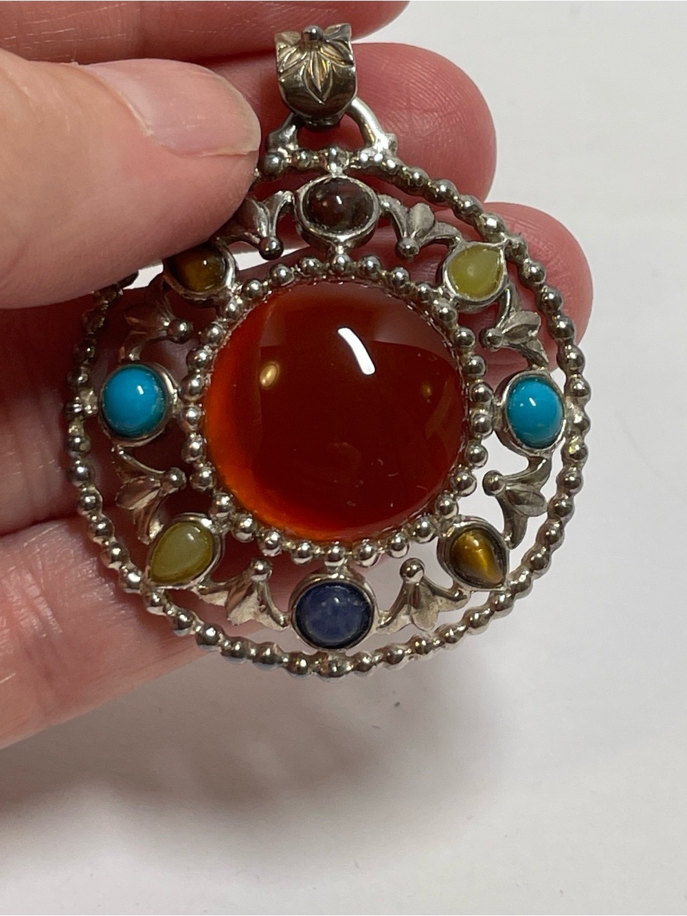925 Sterling Vintage Carnelian Tiger Eye Turquoise Sodalite Jasper Pendant 15.7g